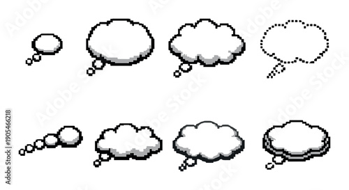 Pixel art thought bubbles in various styles on gray background