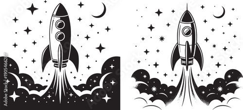 Black and White Rocket Launch Illustration with Stars and Clouds in Space