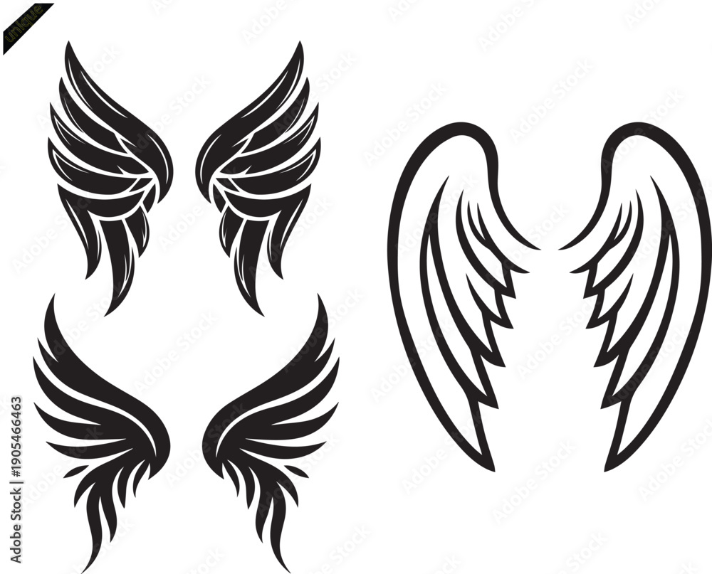Obraz premium Eagle tattoo design featuring black hawk wings vector illustration as a silhouette symbol of freedom and angel wings art set for a flying bird logo