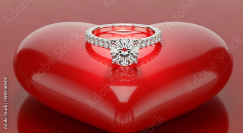 Diamond engagement ring on red heart symbolizing love and commitment