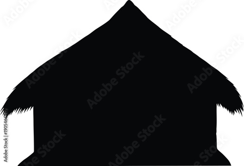 Silhouette of a thatched roof hut, a simple structure, in a tropical setting, viewed from the front, with a dark shape