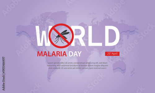 World malaria day illustration showing a red stop sign over a mosquito icon, symbolizing malaria prevention, set against a global map background for international health awareness on 25 april