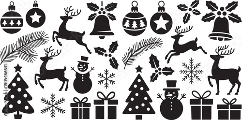 Christmas Holiday Silhouette Icon Set Black Vector Reindeer Snowman Ornament Tree Bell Gift Clipart Bundle