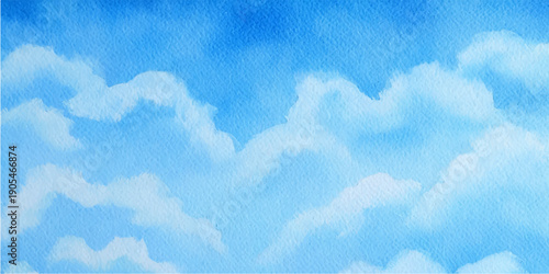 A beautiful clear blue sky features bright sunlight and fluffy white cumulus clouds across a summer cloudscape atmosphere