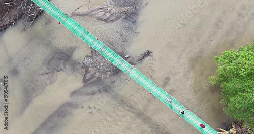 Aerial view of a bridge over a muddy river with a tree.