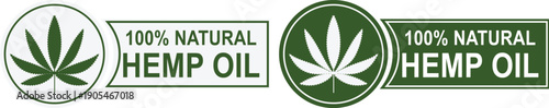 Natural hemp oil labels with green leaf symbol and text