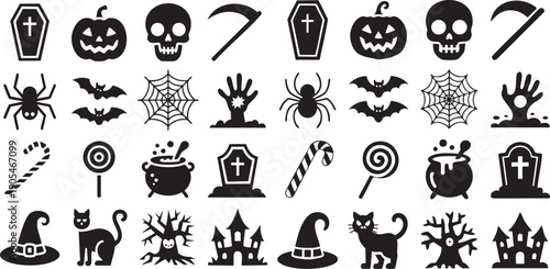 Halloween Icons Collection – Pumpkins, Spiders, Bats, and More in Black and White