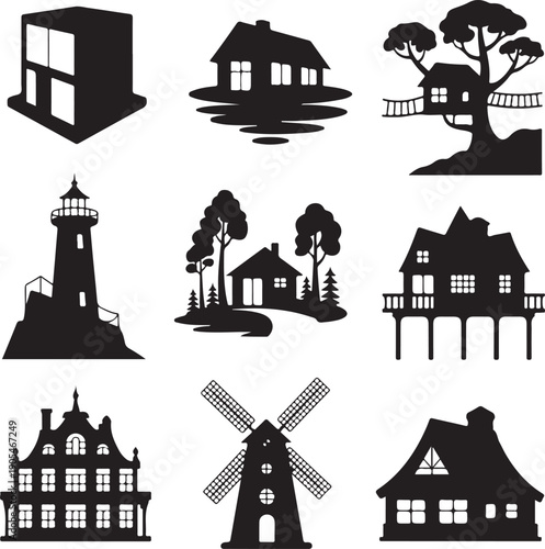 black silhouettes of various houses and buildings