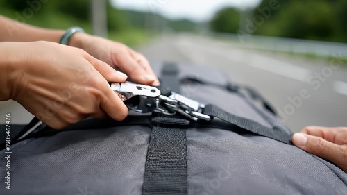 Close Up of Securing Gear with Strap on Road.