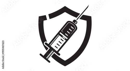 Black icon of a syringe with a shield, symbolizing health, protection, and vaccination.