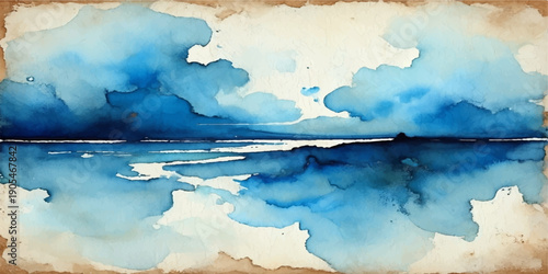 Grunge blue world map over an abstract nature landscape featuring a cloudy sky reflecting on calm ocean water at the horizon during a bright summer day