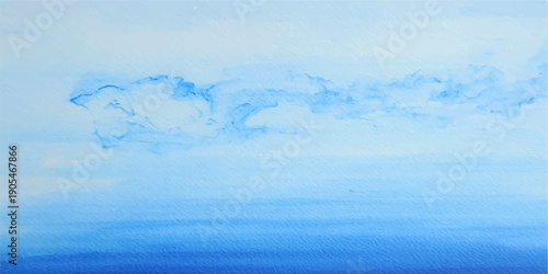 An abstract blue watercolor background captures the calm beauty of a summer seascape where the sea and sky meet at the horizon among soft clouds and light reflections