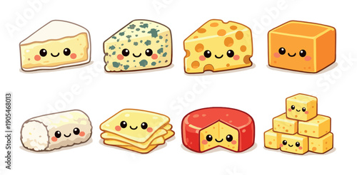 Cute cartoon cheeses with faces displaying various cheese types