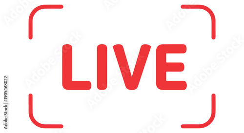 Red live streaming icon with camera frame on white background for broadcasting and online video transmission.