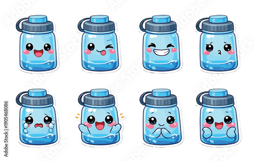Cute kawaii water bottle characters with various emotions and facial expressions