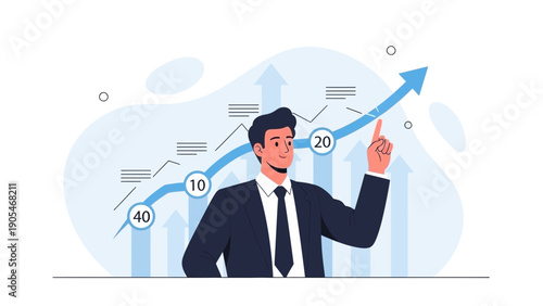 Businessman pointing up on rising financial graph, business growth concept
