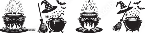 Halloween Witch Cauldron with Broom Hat Spider Web and Bats Magic Potion Vector Set