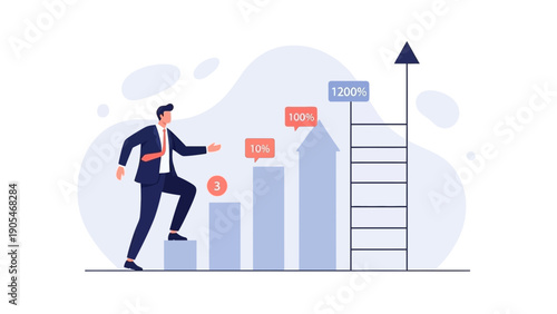 Businessman climbing growth chart ladder towards 1200% success
