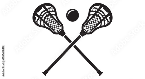 Black silhouette of two lacrosse sticks and a ball, crossed over each other on white background, sports equipment.