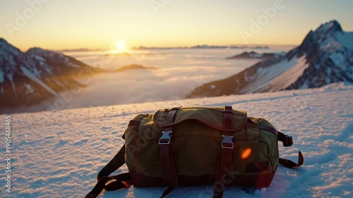 4K cinematic video, retro canvas backpack lying snowy mountain ledge, clouds drifting cinematic drone sweep, golden sunrise lighting shadows snow alpine peaks wind backpack straps, serene adventurous