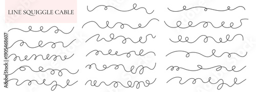 Squiggle abstract drawing set with cable, wavy line, long thin curvy curve and loop design for a sketch background. Freehand wire rope drawn decor in a continuous horizontal flow pattern,.