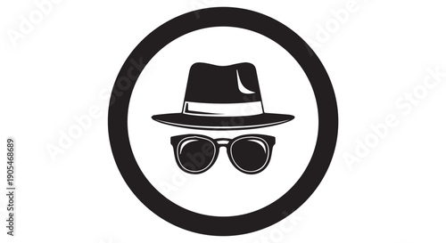 A black and white illustration of a fedora hat and sunglasses in a circle, symbolizing mystery and anonymity.