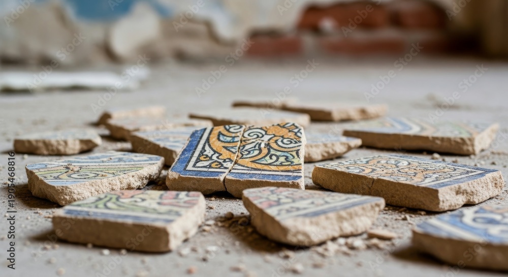 Naklejka premium Scattered Ceramic Tile Fragments on Dusty Ground