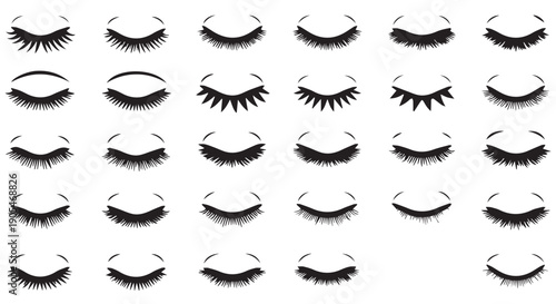 Collection of various closed eye illustrations with long eyelashes and eyebrows on white background for makeup and beauty concepts.