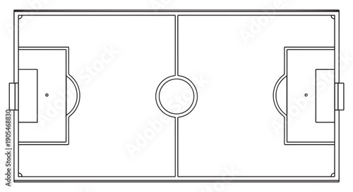 A detailed outline of a soccer field with goals and markings on a white background for sports and football related designs