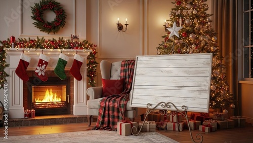 Cozy Christmas Living Room with Decorated Fireplace and Festive Tree