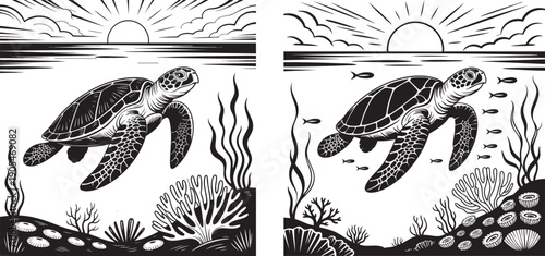 Sea Turtle Swimming Underwater Ocean Scene Black and White Vector SVG Marine Life Coral Reef Illustration
