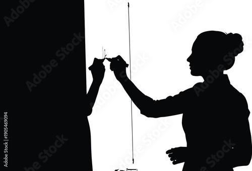 Woman measuring wall with tape measure in silhouette illustration