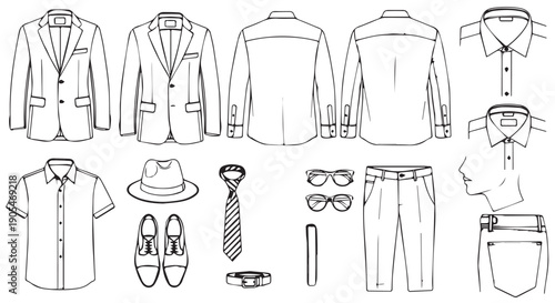 A collection of mens clothing and accessories in line art style, including shirts, jackets, pants, shoes, hat, tie, belt, and glasses.