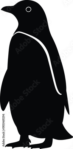 Black penguin silhouette standing on ice with Antarctic landscape vector illustration
