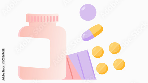 Pink supplement bottle with colorful pills and capsules scattered around