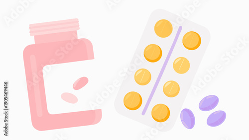 Pink medicine bottle with capsules and blister pack on white background