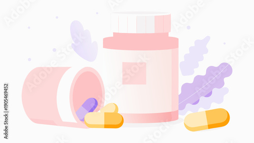 Pink medicine bottle with scattered capsules on white background