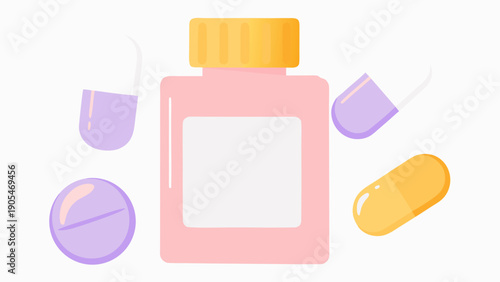 Pink medicine bottle with yellow cap surrounded by various colorful capsules and pills on white