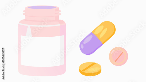 Pink pharmaceutical bottle with vibrant pills and capsules on white background