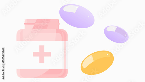 Pink medicine container with floating capsules on white background