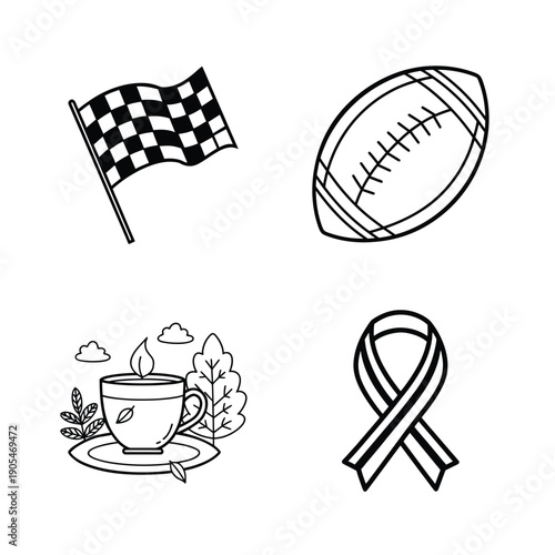 Vector illustration of a sports icons set featuring a cartoon soccer ball, basketball, and football equipment symbols for summer game design