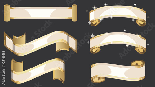 Golden premium banners with smooth curves and sparkles on black background