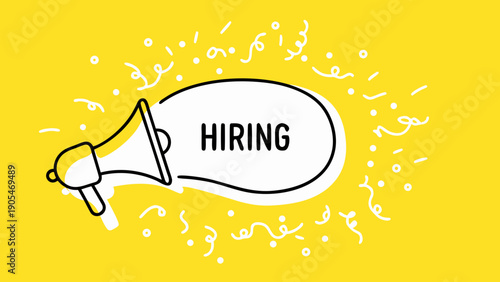 Megaphone graphic with hiring text on yellow background
