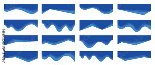 Layered wavy header with papercut curves and headline with blue gradient wave banner, landing page border separator. Geometric angled divider and ribbon stripe, footer frame clipping vector elements