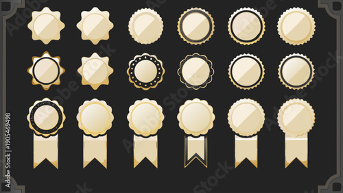 Gold badge icons with ribbon accents on black background premium quality