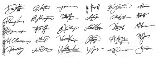 Digital signature vector set. Handwritten script and ink calligraphy for e-signature approval, legal document, business identity branding. Fake autograph random example and stamp seal for certificate