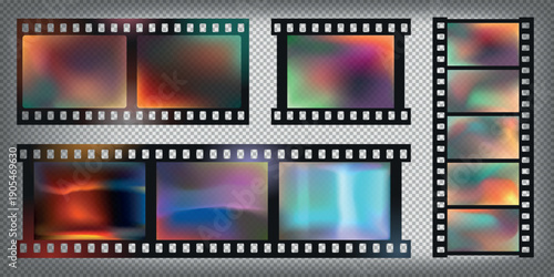 Retro filmstrip overlay with light leaks and colorful gradient for analog photo, cinematic background, vintage camera template. Realistic 3D vector set with neon glow, rainbow bokeh isolated mockup