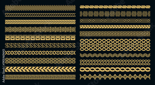 Celtic knot braid seamless borders with golden interlace and braided geometric frame for certificates, luxury background and Viking heraldic jewelry decorative design. Vector isolated set