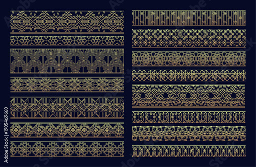 Golden arabesque seamless borders, Islamic geometric border frames for luxury Arabic certificate, Arabian wedding invitation and premium packaging or textile gold ribbons. Elegant vector isolated set