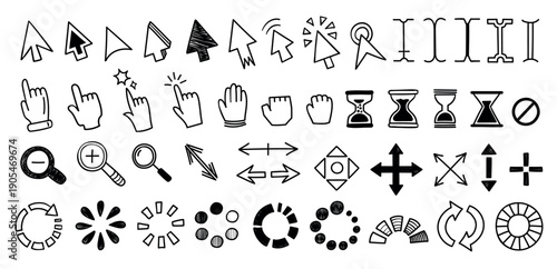 Cursor and pointer doodle icons. Line arrows and hand symbols for web UI, software and app interface. Hand drawn outline icons for click computer mouse actions, loading, move or resize vector set